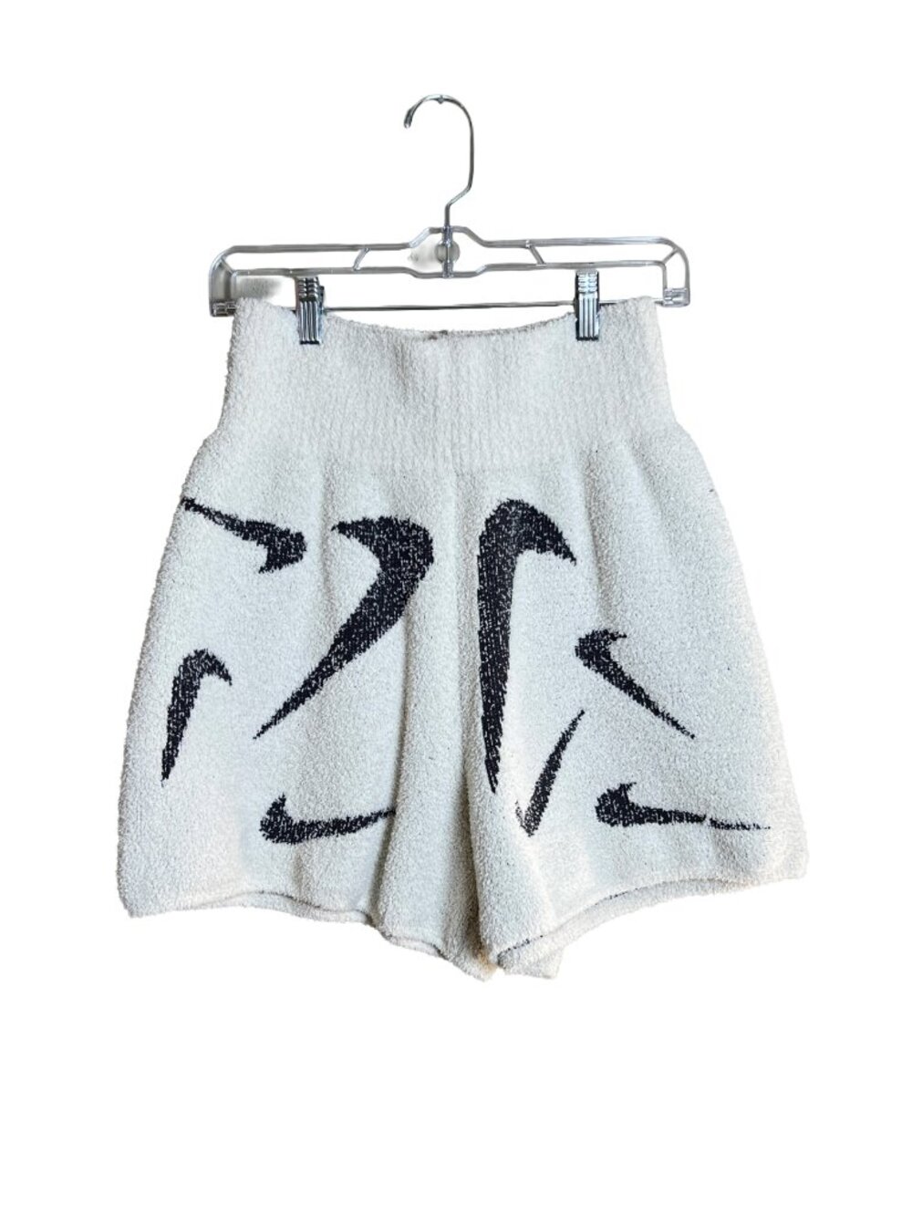 Nike White Terry Knit High-Waist Athletic Shorts with Black Graphic Swooshes